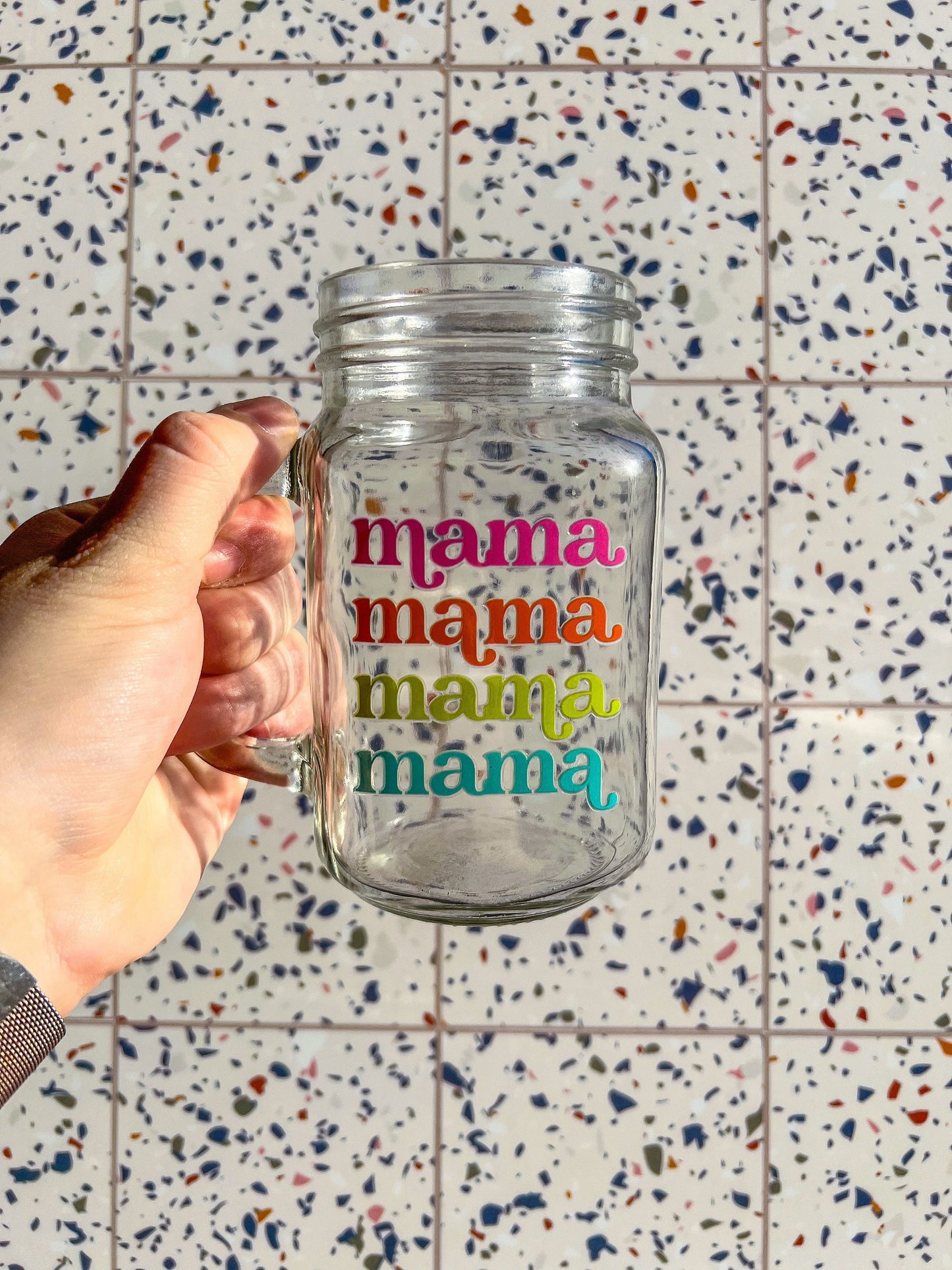 Mama Decorated Glass Mason Jar w|Handle