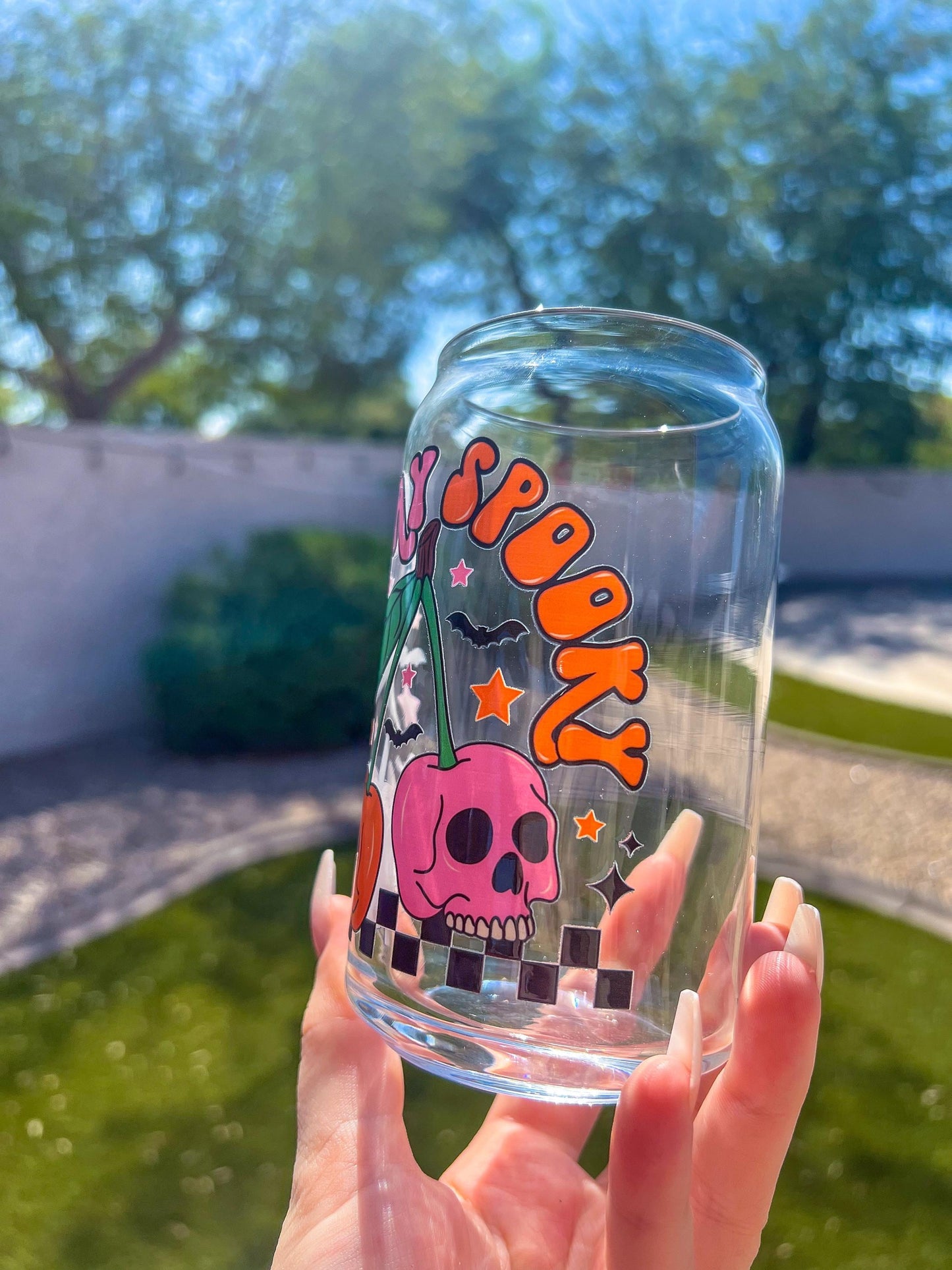 Halloween Stay Spooky Cherry Skulls Decorated 16 oz Glass Cup