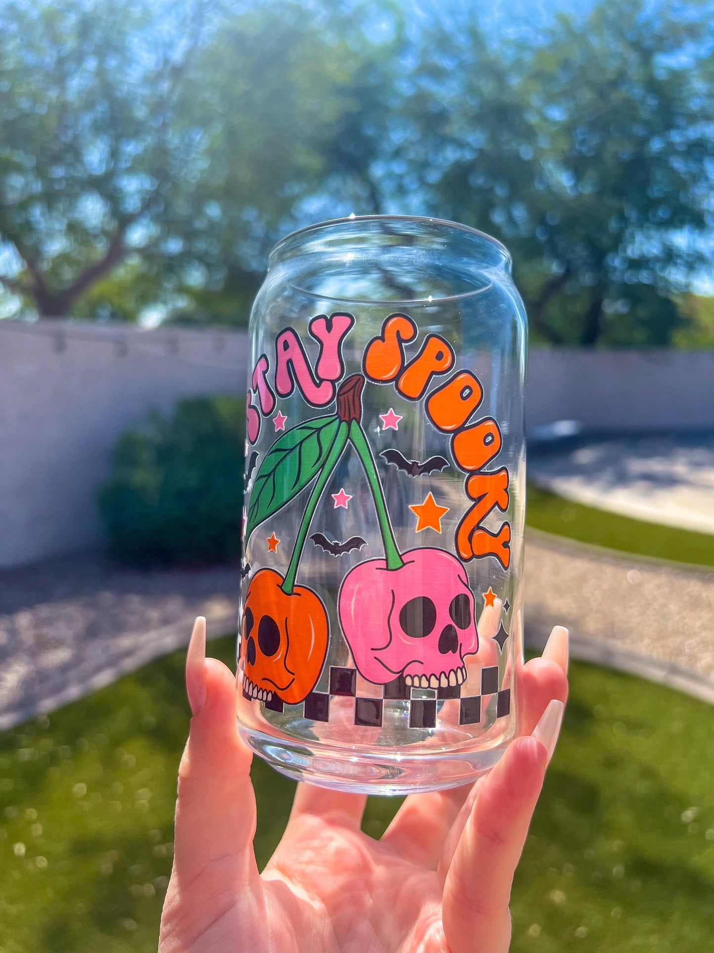 Halloween Stay Spooky Cherry Skulls Decorated 16 oz Glass Cup