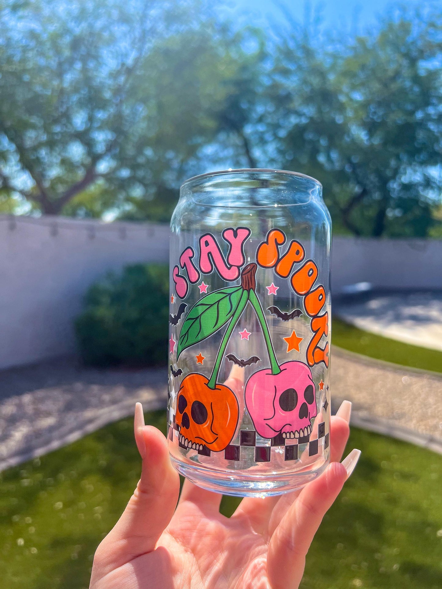 Halloween Stay Spooky Cherry Skulls Decorated 16 oz Glass Cup