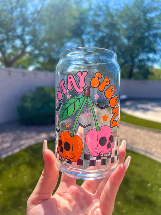 Halloween Stay Spooky Cherry Skulls Decorated 16 oz Glass Cup