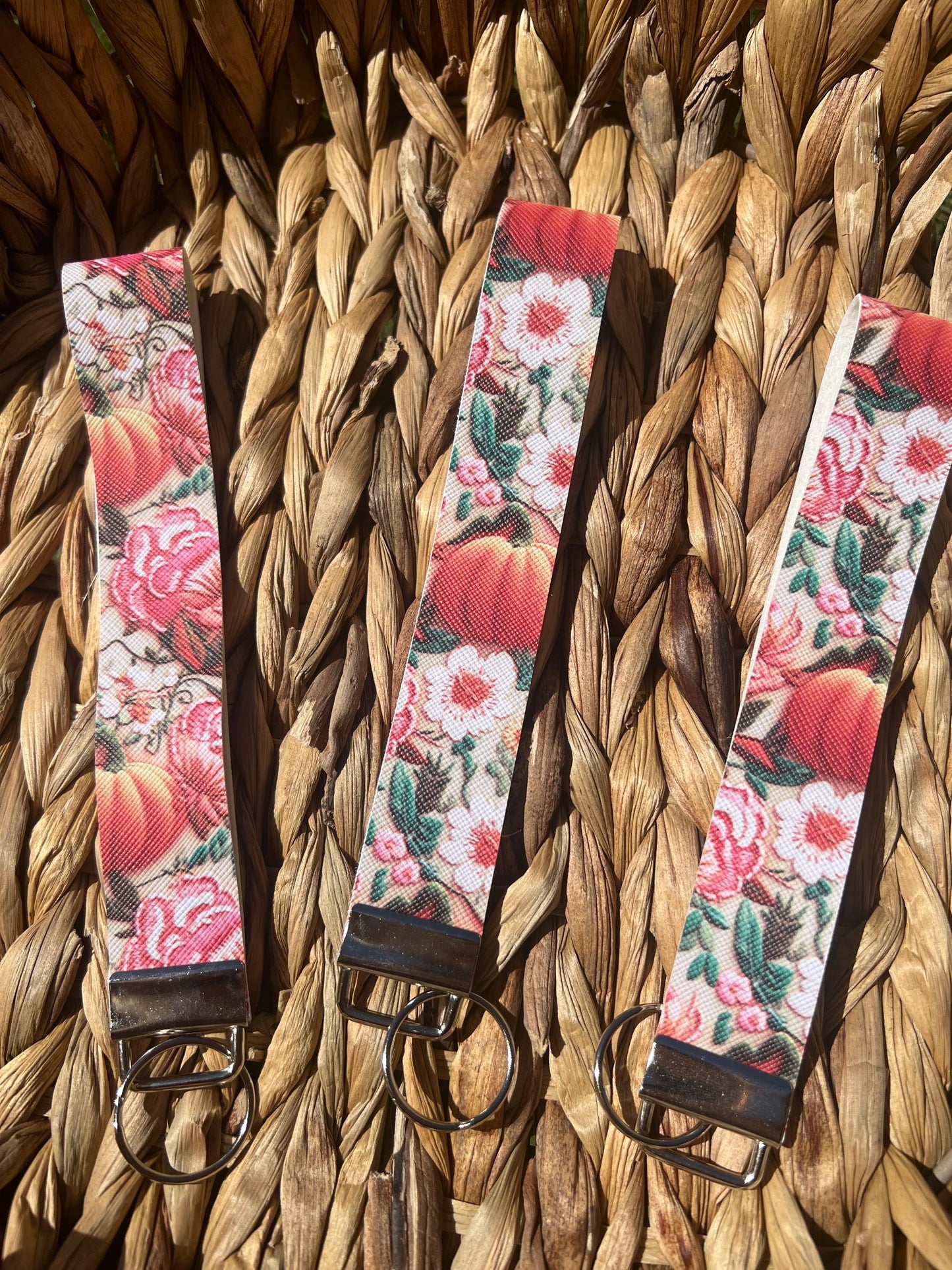 Pumpkin Patch 3D Embroidered Effect Wristlet Keychain Fobs || Fall Pumpkin Floral Keychain