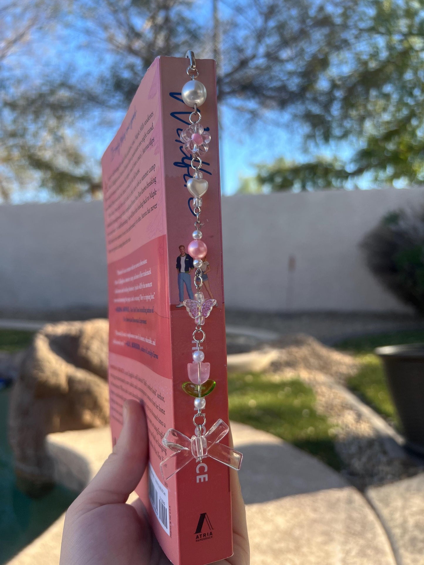 Dainty Pink Silver Engraved Bookmark Charm || Aesthetic Handmade Charms for Books || Beaded Book Accessory