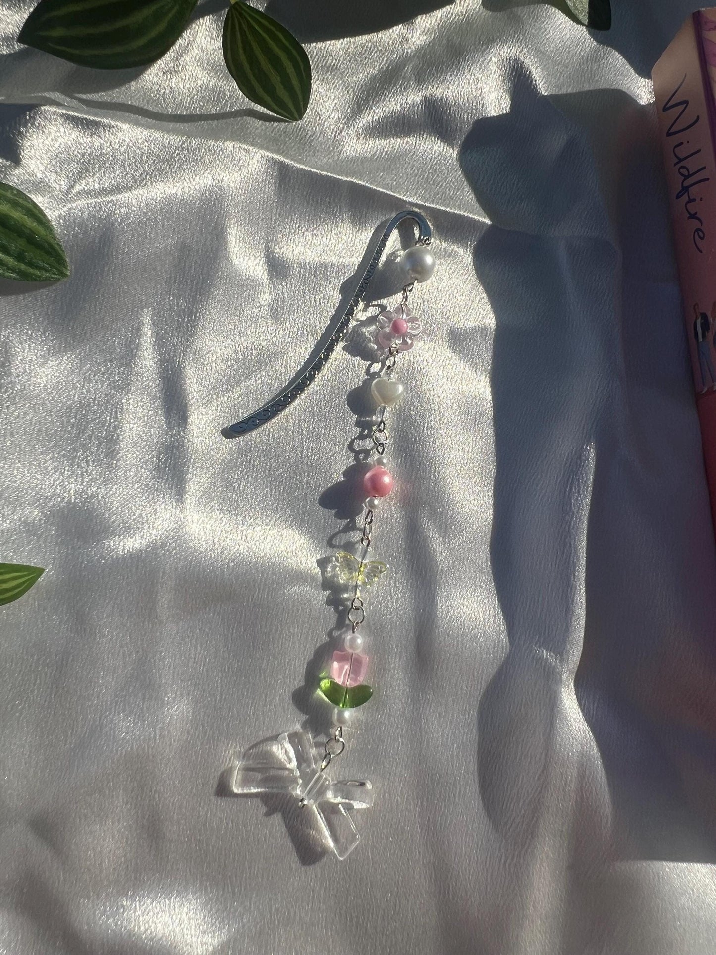 Dainty Pink Silver Engraved Bookmark Charm || Aesthetic Handmade Charms for Books || Beaded Book Accessory